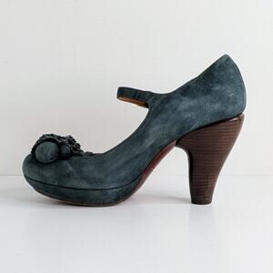 Chie Mihara Mary Jane Platform Heels 37 Blue Suede Floral Retro Glam Pinup